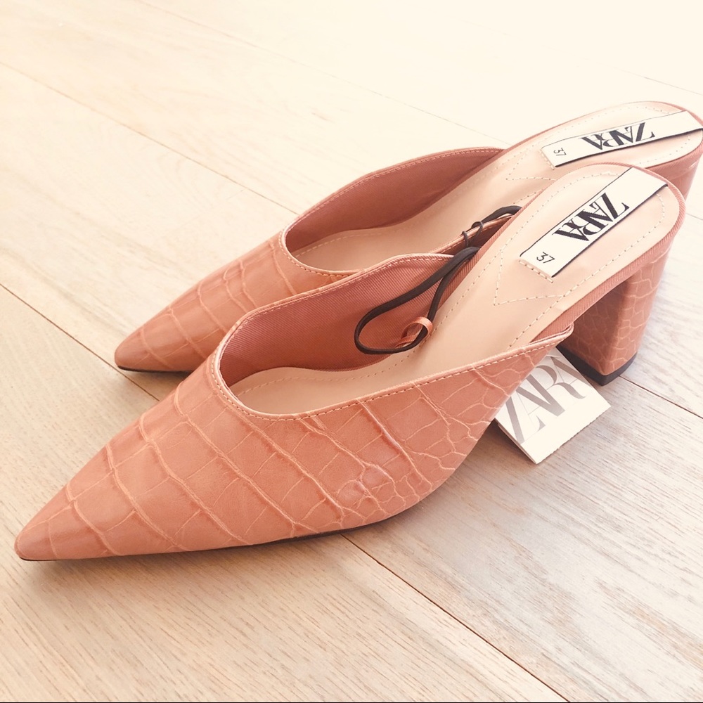 NWT Zara Light Pink Animal Print Mid-Heel Mules - Picture 2 of 11